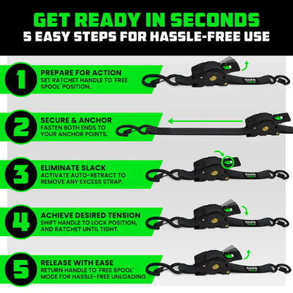 1" x 10' Retractable Ratchet Straps